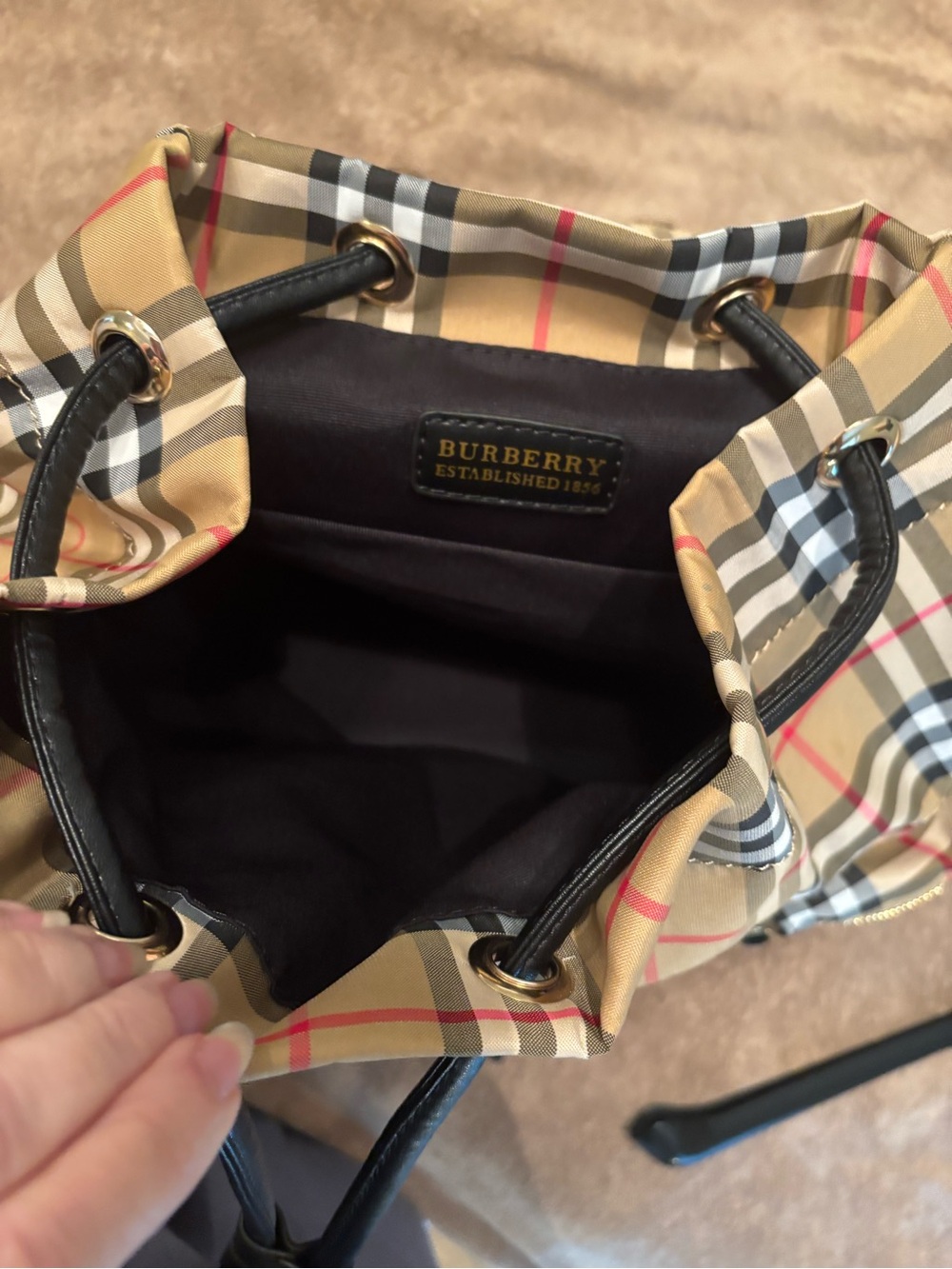 Tan Nova Check Drawstring Backpack with Black Trim - Picture 7 of 10